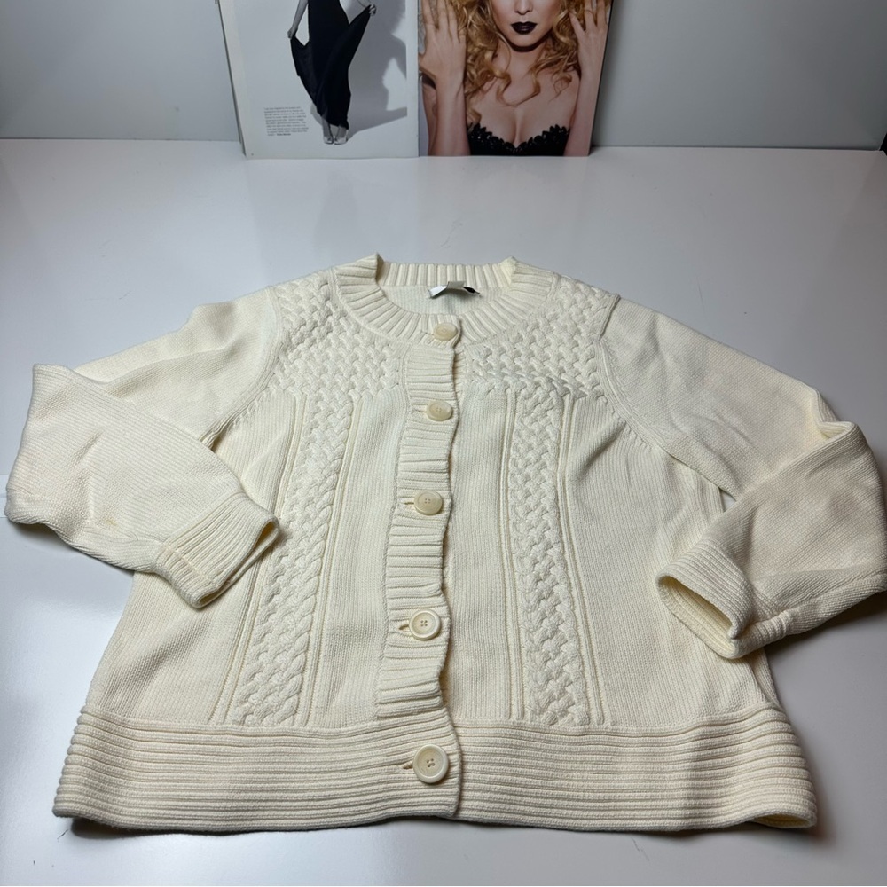 Vintage Liz Claiborne XL Cream Cable Knit Cardigan Fisherman Cottage Preppy